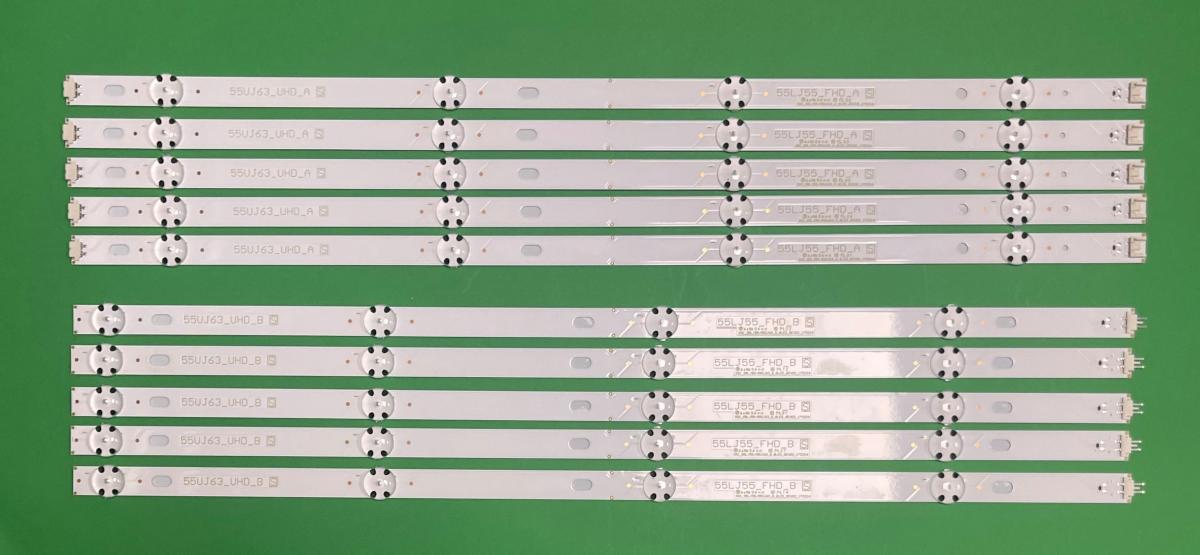 Led backlight strip for tv LG 55" UHD/FHD set 10pcs (55UJ63_UHD_A+55LJ55_FHD_A X 5SZT , 55UJ63_UHD_B+ 55LJ55_FHD_B X 5SZT ) , HL-99550A30-0401A-01 HL-99550A30-0401B-01 ,  AGF78758102 , 55LJ55-FHD-A , 55LJ55-FHD-B , 55UJ63-UHD-A , 55UJ63-UHD-B , AGF78738601 , AGF78758101 , AGF78758102 , AGF7881901 , AGF78819201 , AGF78819202 , AGM76209901 , EAV63632405 , EAV63632406 , EAV63673005 , Q198595 , SSC-55LJ55-A-8LED-REV02 , SSC-55LJ55-B-8LED-REV02 , SSC-55UJ63-A-8LED-REV02 , SSC-55UJ63-B-8LED-REV02