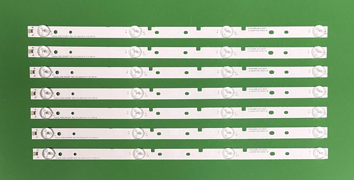 Led backlight strip for tv HISENSE 42" set 7pcs X SVH420AB2 / SVH420AB3 / SVH420AA7_4LED ,  Hisense_42D6_HD42DF-B22_7X4_3030_4S1P P123 REV.V0 ,  JL.D42641330-003SC-M JL.D42641330-003LS-M_V01 , 4LED , 775M ,
