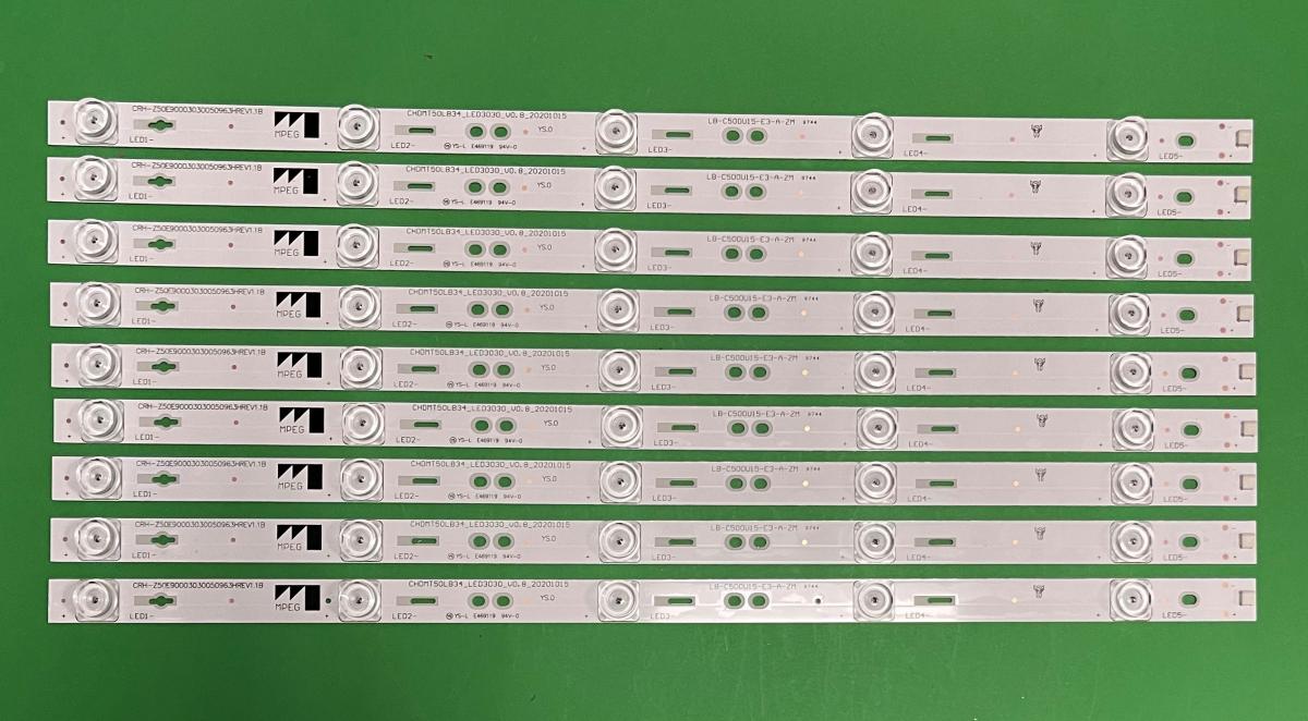 Led backlight strip for tv CHANGHONG 50" set  9pcs X RF-AC500E30-0501 , LB-C500U15-E3-A-ZM , CHDMT50LB34_LED3030_V0.8 , 5LED , CRH-Z50E90003030050963HREV1.1B , 5LED , 3V , 485MM