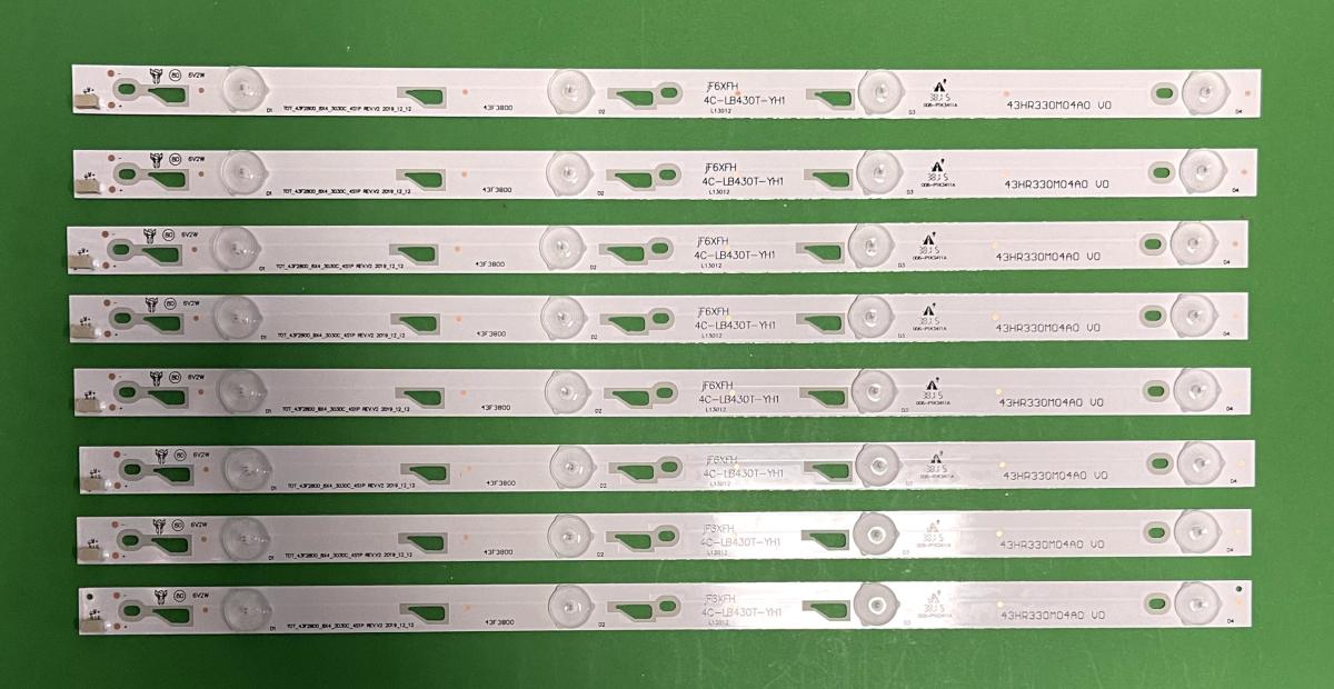 Led backlight strip for tv TCL 43" set 8pcs X 43HR330M04A0 V0 4C-LB430T-YH1 , TOT_43F2800_8X4_3030_4S1P REV.V2 , 4LED , 6V , 420MM