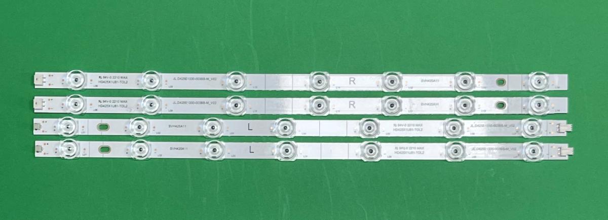 Led backlight strip for tv HISENSE 43" set 4pcs , 2pcs X JL.D425E1330-003BS-M_V02 TYP A , 7LED , 3V   & 2pcs JL.D425E1330-003BS-M_V02 TYP B , 7LED , 3V , HD425X1U81-T0L2 , SVH425A11 , 781MM